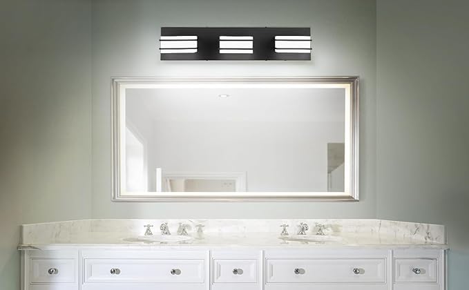 3 Color Temperature Dimmable Bathroom Light Fixtures Over Mirror, LED Black 3 Light Vanity Lighting Fixtures, Acrylic Stainless Steel Square Shade Vanity Lights for Bathroom, ETL Certificated