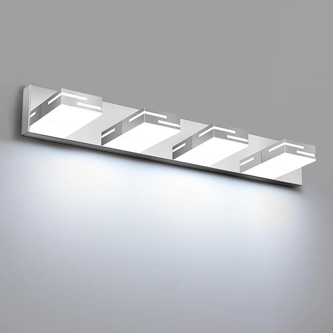 LED Modern Bathroom Vanity Light Fixtures, 4-Light 28-inch Dimmable Chrome Vanity Lights for Bathroom Lighting Fixtures Over Mirror, with 350° Rotatable Heads (Cool White 6000K)