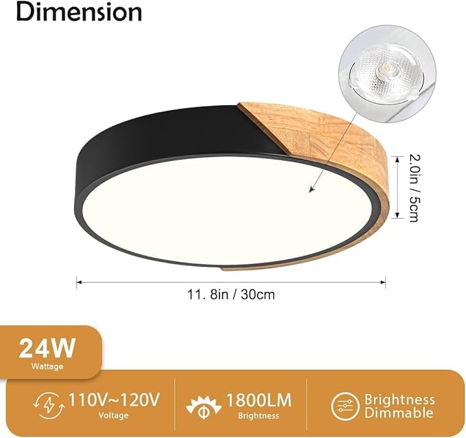 Vikaey Modern Dimmable Wood Ceiling Light, Minimalist LED 5CCT 2700K-6000K Flush Mount Ceiling Light Fixture, Round Lighting Lamp for Bedroom, Laundry Room, Hallway, Entryway, Black, 11.8"
