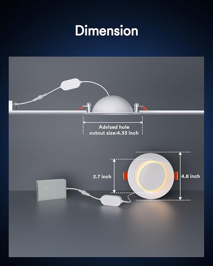 Lumary 4 Inch Smart Gimbal Recessed Lighting Ultra with 2200k Night Light，270°+90°Rotatable LED Recessed Lights, 9W 600LM Angled Adjustable LED Downlight, Works with Alexa & Google Assistant，1Pack