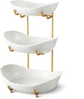 Ceramic Fruit Bowl for Kitchen Counter - 3 Tier Fruit Basket with Metal Stand, Tiered Fruit Stand for Countertop, Snack, Nuts, Cake, Dessert, Cute (Gold, Small)