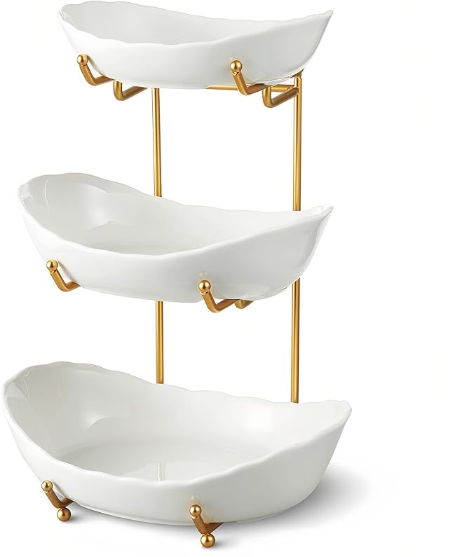 Ceramic Fruit Bowl for Kitchen Counter - 3 Tier Fruit Basket with Metal Stand, Tiered Fruit Stand for Countertop, Snack, Nuts, Cake, Dessert, Cute (Gold, Small)