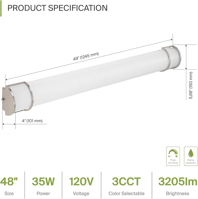ASD LED 48" Vanity Flush Mount Light Fixture, Linear Bathroom Lighting Bar | 3CCT, Dimmable, Energy Star, ETL Listed | 35W 3200LM 3000-5000K 120V | Long Bath Wall Sconce Over Mirror | Nickel, 4 Pack