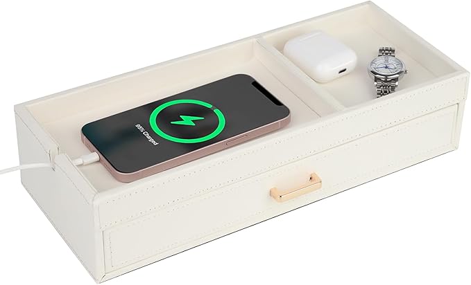 HofferRuffer Valet Jewelry Tray Organizer with Drawer, Faux Leather Storage Catchall Box Phone Charging Station Tray with Dresser Nightstand Desktop Drawer Organizer (White)