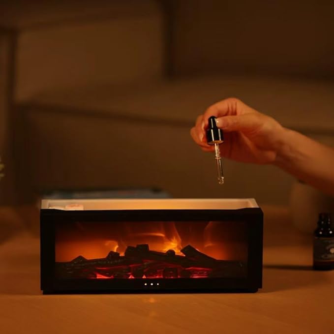 Fireplace Aroma Diffuser Humidifier, 7 Color Changing Essential Oil Diffuser with Realistic Flame Effect, Ultrasonic Quiet Aromatherapy Humidifier for Bedroom, Office, Home, Yoga Meditation (Black)