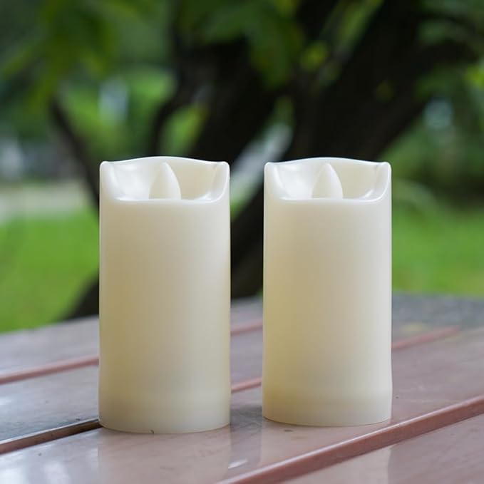 Battery Operated Plastic Flameless LED Pillar Candle with Cycling Timer, Realistic Flickering Electric Light for Indoor Outdoor Bookshelf Wedding Dinner Party Centerpiece Fireplace Decor 2 Pack