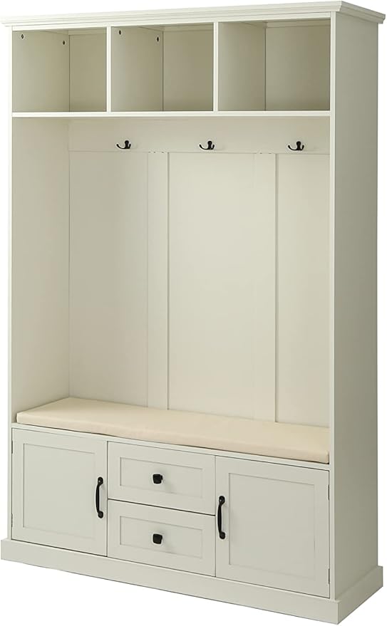 RUNNA Delicate 3-in-1 Hall Tree with 2 Cabinet and 2 Drawers,3 Open Shelves and 3 Hooks,Coat Hanger and Storage Bench,for Livingroom Hallway Entryway Use (Beige#H-)