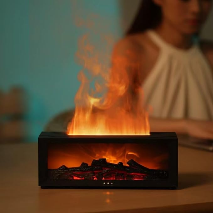 Fireplace Aroma Diffuser Humidifier, 7 Color Changing Essential Oil Diffuser with Realistic Flame Effect, Ultrasonic Quiet Aromatherapy Humidifier for Bedroom, Office, Home, Yoga Meditation (White)