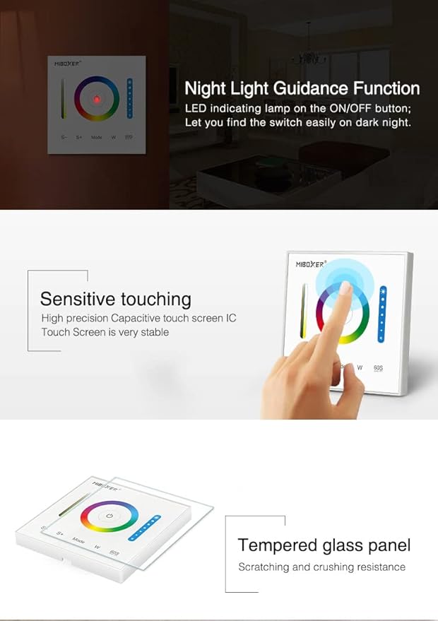LGIDTECH P3 Wall-Mounted Full Touch Panel Controller for 3528 5050 2835 RGB RGBW RGB+CCT Dimmable Color Changing LED Strip Lighting DC 12-24V 10A 120W 240W.Support Voice and DMX512 Control