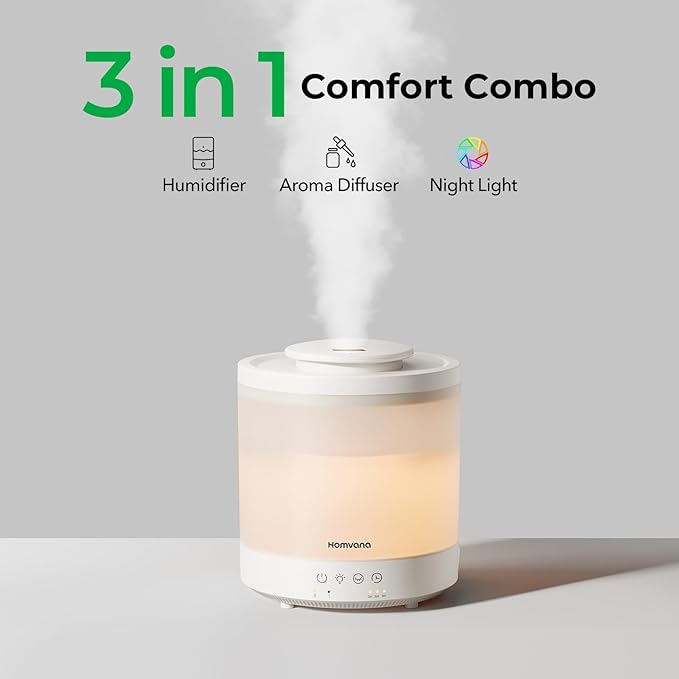 Homvana Small Humidifiers for Bedroom - 2 Packs 1.5L Cool Mist Top Fill Humidifier for Baby Nursery, Essential Oil Diffuser, 3 in 1 for Home Plants Offices and Grow Tents, 7 Color Lights, Ultrasonic