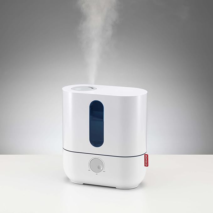 BONECO 1 Gallon Whisper Quiet Cool Mist Ultrasonic Humidifier for Large Room with LED Light, Control Knob, and Essential Oil Holder, White