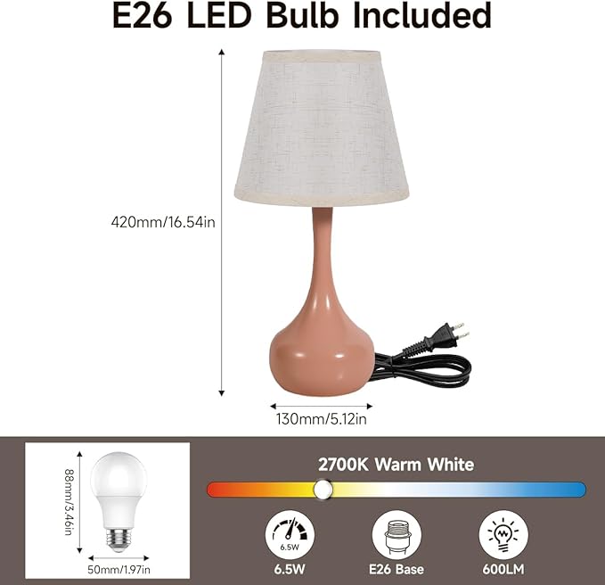 Touch Table Lamp for Bedroom, 3-Way Dimmable Table Lamps for Nightstand with Fabric Shade, Lamps for Living Room，Desk Lamps for Home Office, Pink Lamp for Bedroom