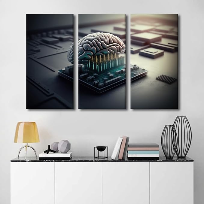 TUMOVO Large Canvas Wall Art Human Cyborg Brain Picture AI Wall Art for Home Wall Decoration Modern Artwork Brains and Computer Chips Posters for Bedroom Office Decoration, 60" Wx40 H
