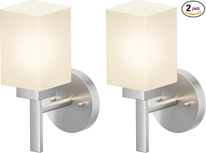Bathroom Light Fixtures Brushed Nickel Vanity Light with White Frosted Glass Shade, Wall Lamps for Mirror Kitchen Bedroom Porch, 2 Pack T002BR-L1-P2