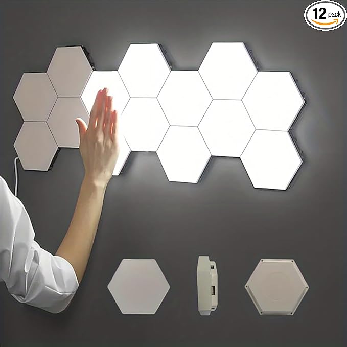Hexagon Lights, Minimalist White Touch Night Light, Center Touch-Sensitive Wall Panels, Hex Light with USB-Power for Autism, Game Room Decor, Party (12)