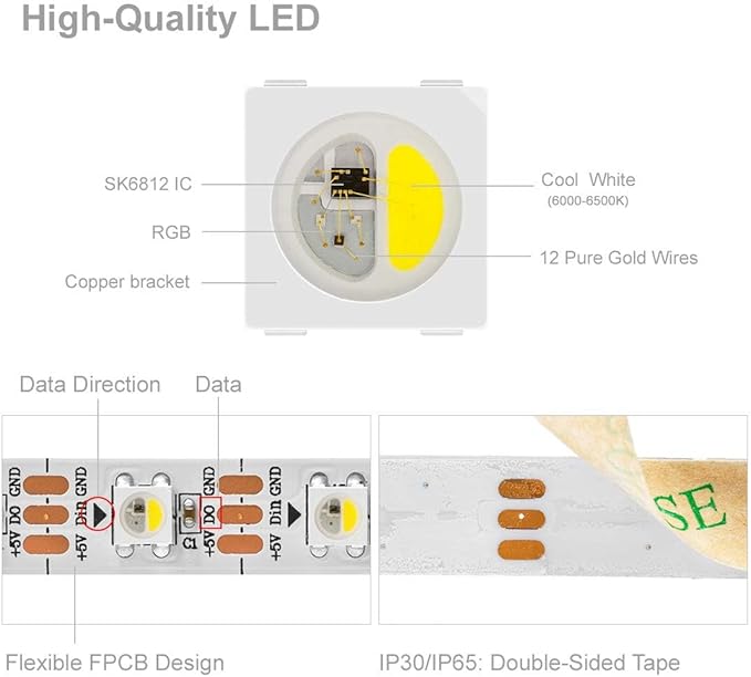 BTF-LIGHTING RGBW RGB+Cool White SK6812 (Similar WS2812B) 4 Colors in 1 LED Strip Individually Addressable 16.4ft 60Pixel/m 300LED Light Dream Color IP30 DC5V White PCB (No Adapter or Controller)