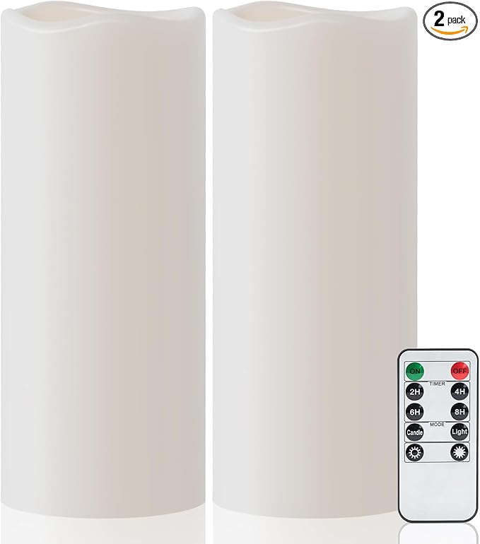 Amagic 2 Pack 10" x 4" Outdoor Plastic Electric flameless Candles with Remote Control and Timer, Battery Operated Flickering LED Pillar Fake Candle for Home, Wedding Decor, Ivory