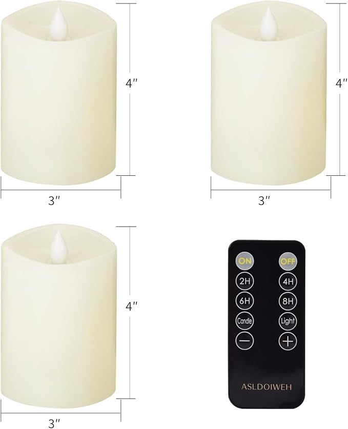 3x4 Flickering Flameless Candles Set of 3, 2AA Battery Life 600 Hours Battery Candles Flickering with Timer,4 inch Flameless Candles with Remote for Indoor/Outdoor, Ivory