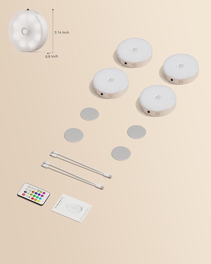 Puck Lights with Remote, Rechargeable Under Cabinet Lighting, 3 Color Temps, 12 RGB Color LED Motion Sensor Lights Wireless, Dimmable Tap Lights for Closet, Kitchen, Shelf, Stair, 4 Pack