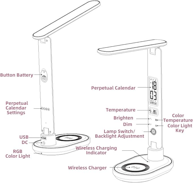 AYI 5IN1 Multifunctional LED Desk Lamp15W Qi Wireless Charger Digital Alarm Clock Ambient Light & Temperature Display Adjustable Eye-Care Table Lamp with Leather Texture Design Table Lamp-U20 White