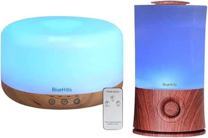 BlueHills Premium Set of Two Large 1000 ML and 2000 ML XL Essential Oil Diffusers Humidifier Combo for Large Room Home with Décor LED Lights Great Gift – Value Pack of Wood Grain and Dark Wood Grain