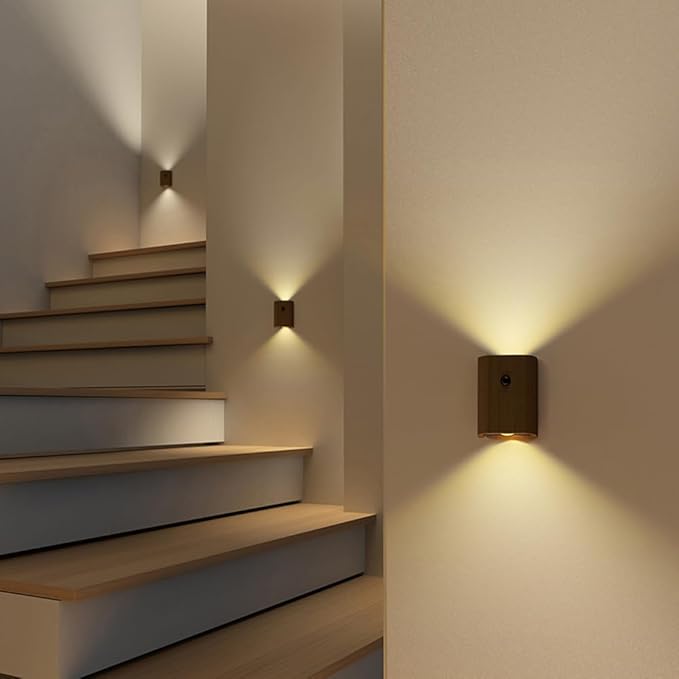 LANDGOO 2-Pack Wood Step Light with Motion Sensor, Rechargeable Stair Night Light Set, Sapele Wood 2700K Warm White LED Wall Lamps, Easy No-Wire Installation for Hallway Bedroom Staircase