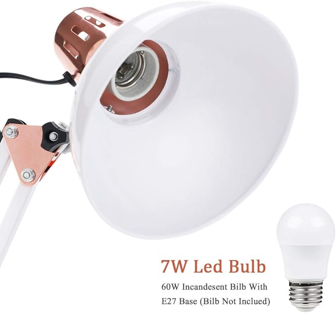 PowerKing Metal Swing Arm Desk Lamps, Adjustable and Flexible,Feading with Base and Clip 2-in-1 Function, Fit E26&E27 Bulbs Base, Application in Bedroom Living Room, Office Home (White+Rose Gold)