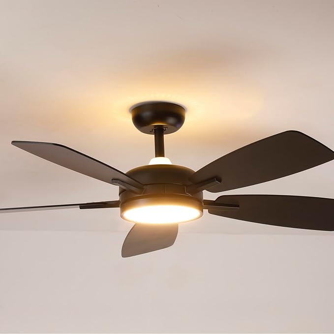 Roomratv Ceiling Fans with Lights,46 Inch,Remote Control,Night Light,Dimmable,Reversible,Noiseless,6 Speeds,Timer,Black Modern Ceiling Fan for Living Room,Bedroom,Kitchens,Kis room,Outdoor Patio