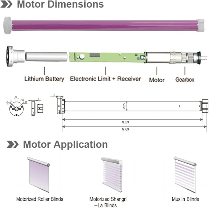 Motorized Roller Shade Kit for 1.5" Tube (38mm), Rechargeable Battery Electric Blinds Motor with Remote, High Torque 1.1N.m/2N.m, Wireless Retrofit for Window Shades, 2800mAh (2.0N.m Torque)