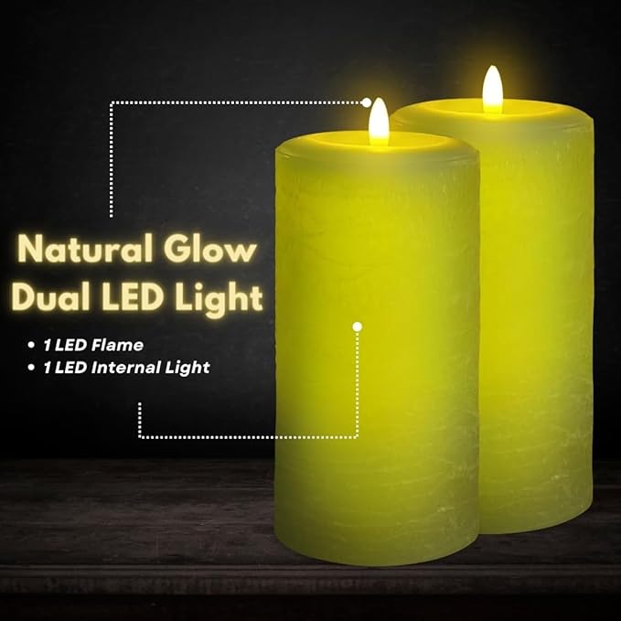 LumiPur Signature Natural Glow Flameless Wax Pillar 2 Pack LED Candle 3.5" x 7" Sage Green