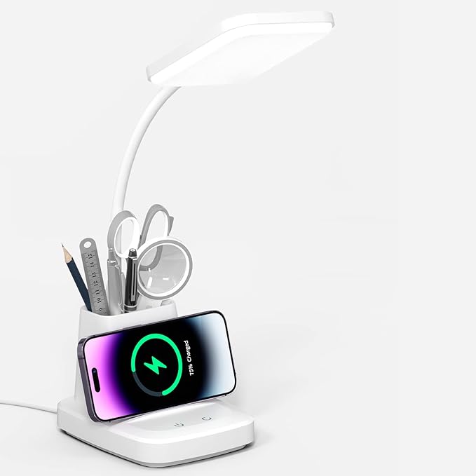 Desk Lamp with Wireless Charger - LED Desk Lamps for Home Office with Pen Holder, 800LM, 3 Color Modes, Flexible Arm, Eye-Caring White Table Lamps for Home College Dorm Room
