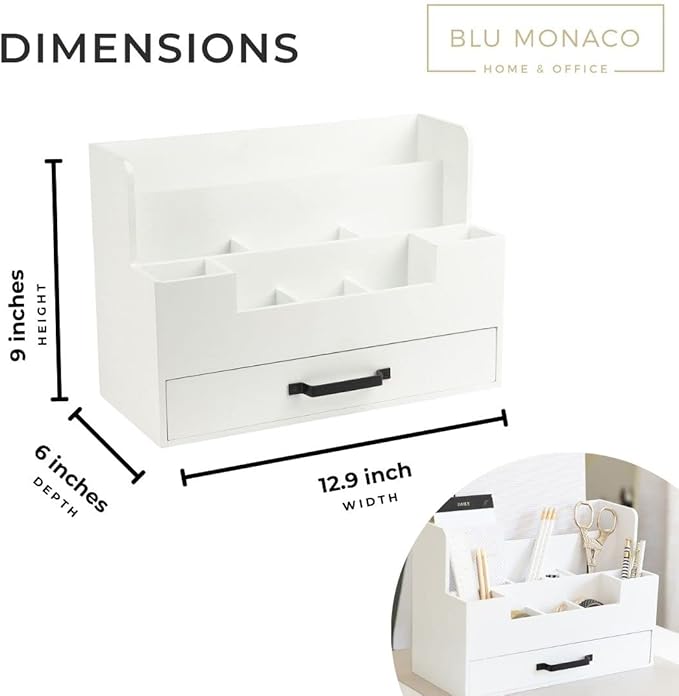 BLU MONACO White Wooden Desk Organizer With Drawer | Desktop Storage With Drawers | Multi-Compartment Desk Caddy for Home Office | 5.7”D x 12.9”W x 9”H Tabletop Accessory Holder