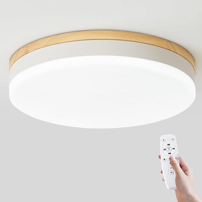 Modern Dimmable White Ceiling Lights with Remote, 11.8in Wood Flush Mount Ceiling Light Fixtures, 24W 3000K-6000K Color Adjustable, 2200LM Round Ceiling Lamp for Bedroom, Kitchen, Hallway