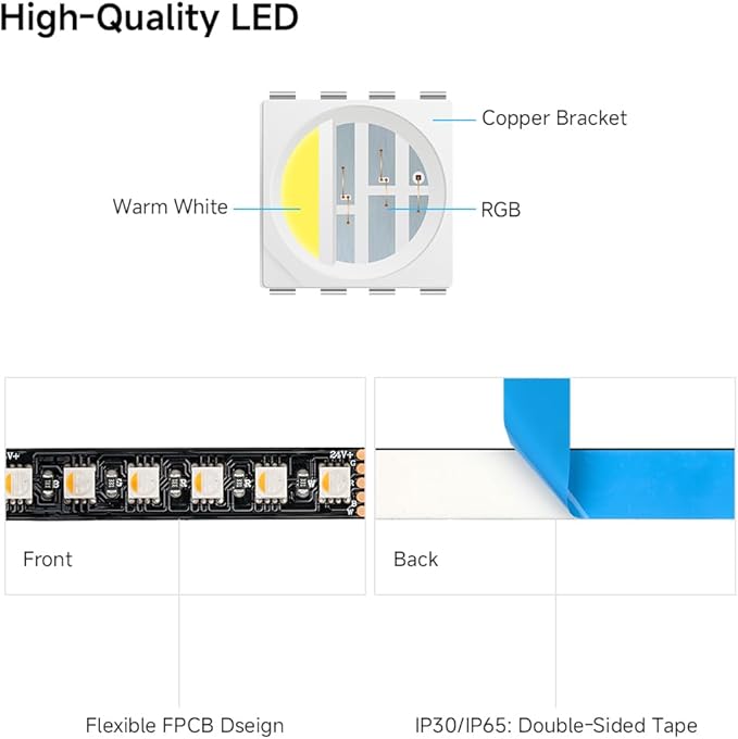 BTF-LIGHTING 5050 RGBW RGB+Cool White(6000K-7000K) 4 Colors in 1 LED 5m 16.4ft 96LED/m DC24V Multi-Colored LED Tape Lights IP65 Waterproof Black 12mm PCB for Home Decoration(No Adapter or Controller)