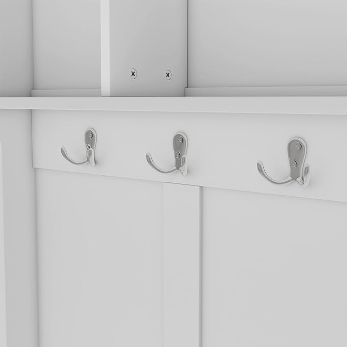 Modern Hall Tree with Metal Hooks and Storage Space, Wood Multi-Functional Entryway Coat Rack with Shoe Cubbies for Hallway Living Room Bedroom (White/r11)