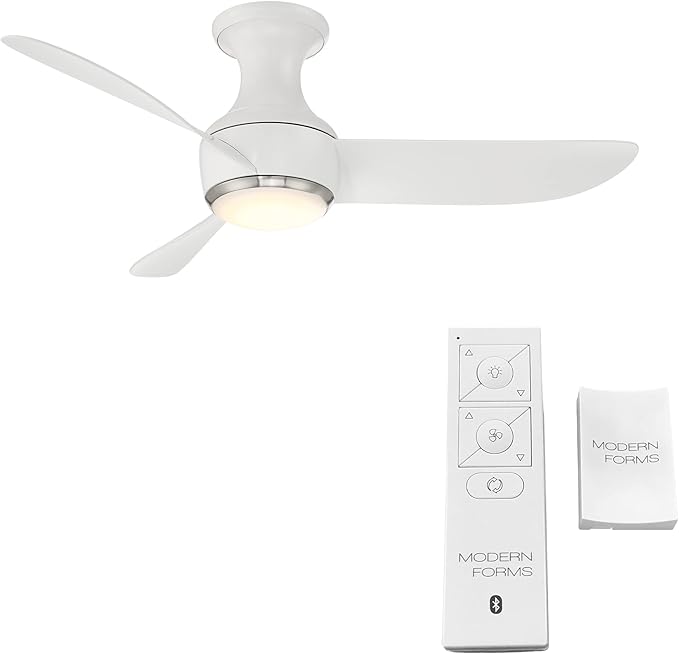 Modern Forms Corona Smart Indoor and Outdoor 3-Blade Flush Mount Ceiling Fan 44in Brushed Nickel White 3500K LED Light Kit and Remote Control works with Alexa and iOS or Android App