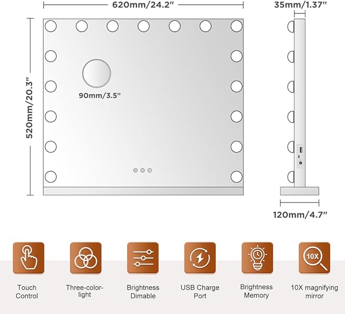 M MIVONDA Large Vanity Mirror with 17 Bulbs Lights, Hollywood Lighted Makeup Mirror for Desk and Wall, Dimmable 3 Lighting Modes, Plug-in & USB Charger Port