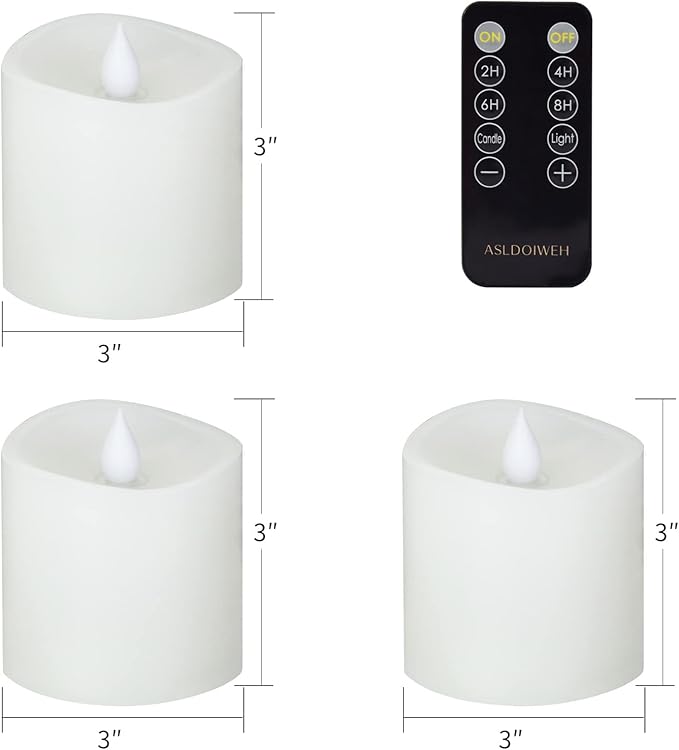 3x3 Flickering Flameless Candles Set of 3, 2AA Battery Life 600 Hours Battery Candles Flickering with Timer,3 inch Flameless Candles with Remote for Indoor/Outdoor, White