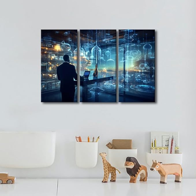 Modern Wall Art Multi Panel Artificial Intelligence and Data Analytics Concepts Picture Posters Modern Artwork for Home Wall Decoration, Framed Gallery-Wrapped Ready to Hang, 36" Wx24 H