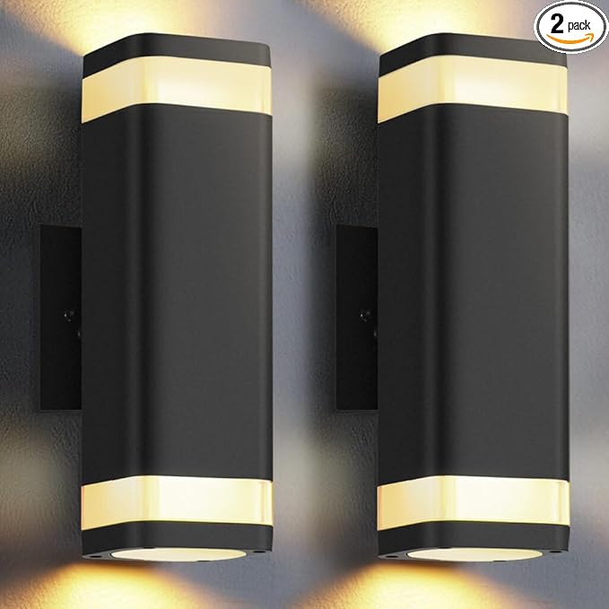 SHIMR Dusk to Dawn Outdoor Wall Light with Sensor 2 Pack, Waterproof Up and Down Outdoor Sconce Lights, Modern Black Aluminum Exterior Lighting Fixtures for Porch Patio Garage, LED Bulbs Included