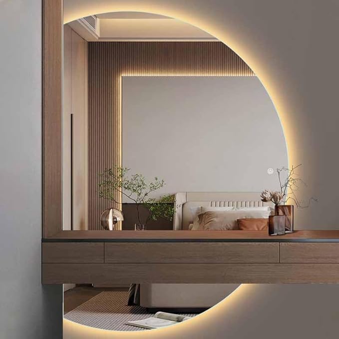 47" Half Moon LED Bathroom Mirror,Frameless Backlit Wall Mirror, Anti-Fog Smart Vanity Mirror,3 Colors Lights Dimmable Brightness and Time,Touch Switch(Left Semicircle,47 * 33in)