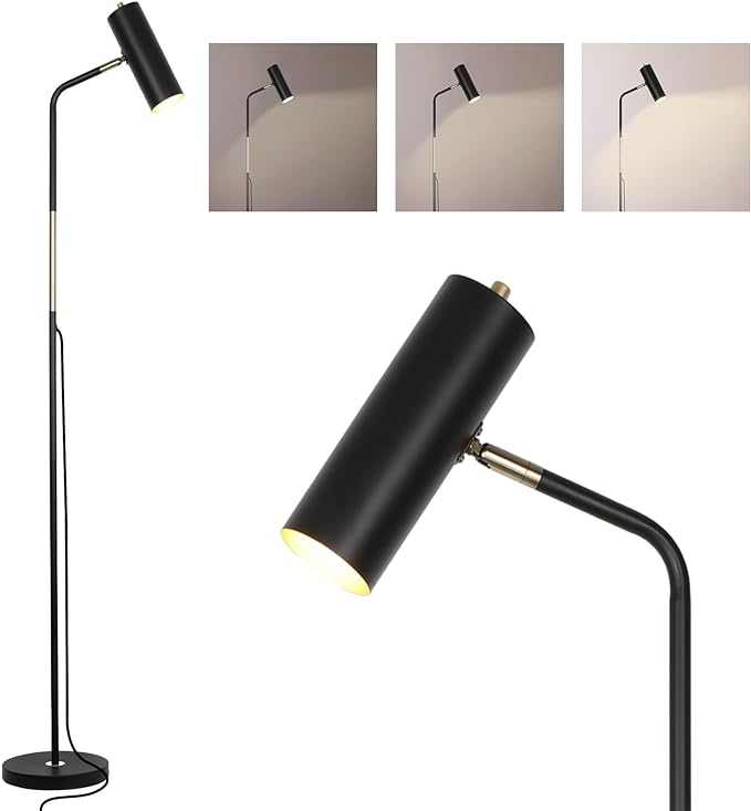 Floor Lamp, Industrial Floor Lamps for Living Rooms & Bedrooms - Rustic Farmhouse Reading Lamp Standing, Adjustable Metal Heads Indoor Task Lighting for Living Room Office Home Décor (LED Black)