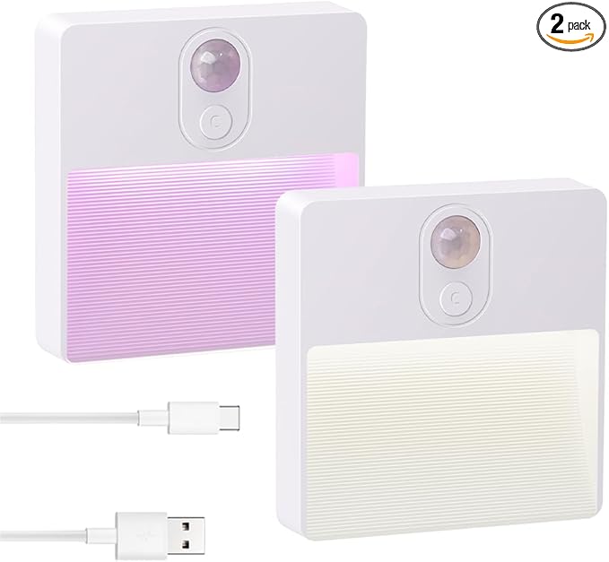 ASAWASA LED Motion Sensor Night Light, 7 Colors Rechargeable Magnetic Decor Wall Lights, Dimmable, Suitable for Bathroom hallways bedrooms Kitchen cabinets Staircase(2 Pack)
