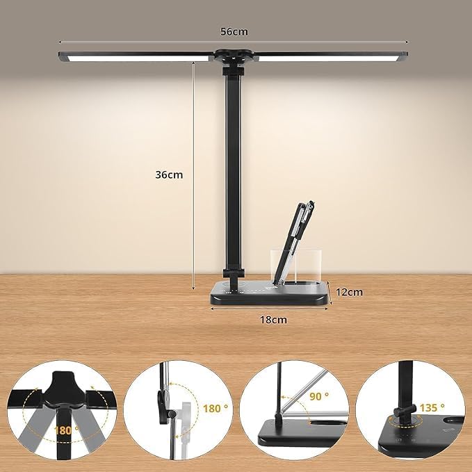 LED Desk Lamp with Dual Heads – 5 Colour Modes & 10 Brightness Levels, Adjustable Reading Light for Home Office, Bedroom, Study, and Craft (Black, Includes Adapter)