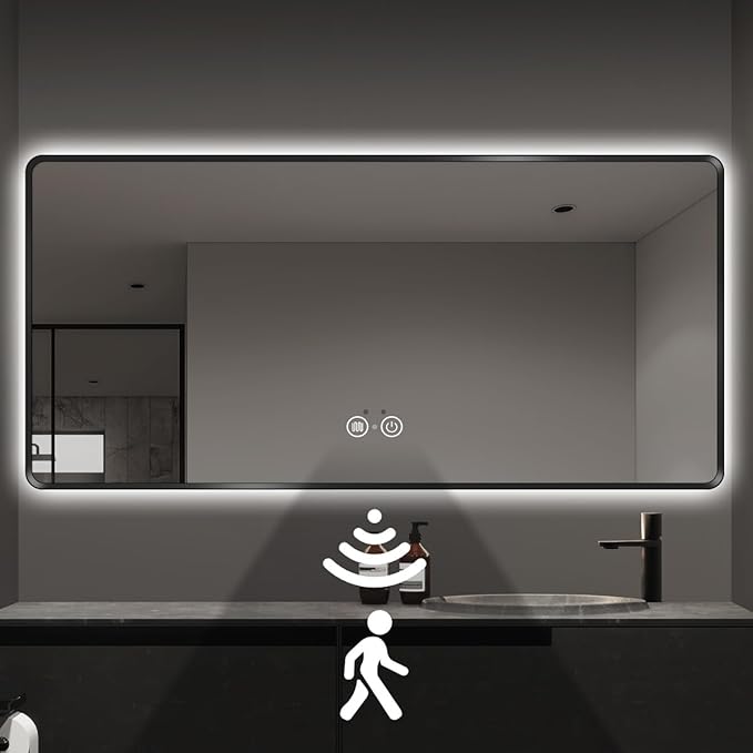 Black LED Mirror for Bathroom, 36"x72" Smart Bathroom Mirror with Lights, Motion Sensor, Anti-Fog, Stepless Dimmable & 3-Color, Backlit Wall Mirror, Rounded Corner, CRI≥93, UL-Listed