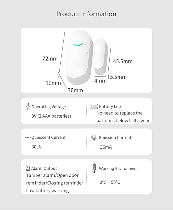 2 Pack WiFi Wireless Door Window Sensor,TUYA Smart Alarm with Free Notification APP Control Home Security Alarm System, Compatible with Alexa, Google Home, Siri