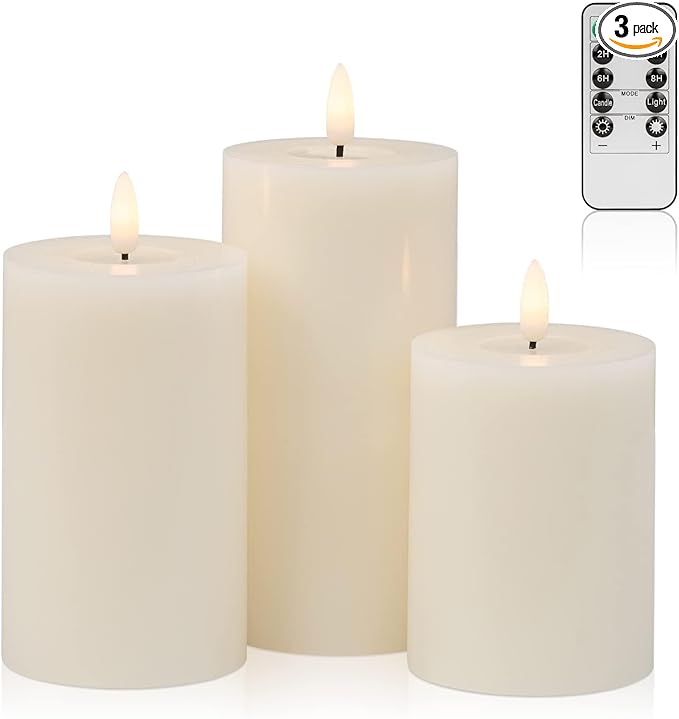 ANGELLOONG Flickering Flameless Candles with Remote, Real Wax Battery Operated Candles with Timer, Fake LED Pillar Candles for Wedding Holiday Farmhouse Home Decor, Ivory