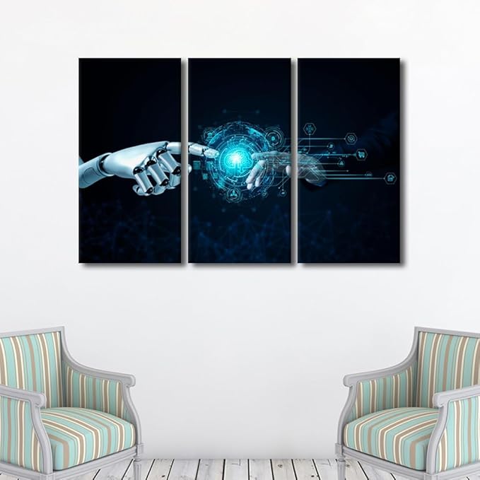 Ai Canvas Wall Art Digital Age Picture Printing 3 Panel Artificial Intelligence Poster Prints Art for Buddhist Believers Living Room Decor Stretched and Framed Ready to Hang 40" Wx60 H