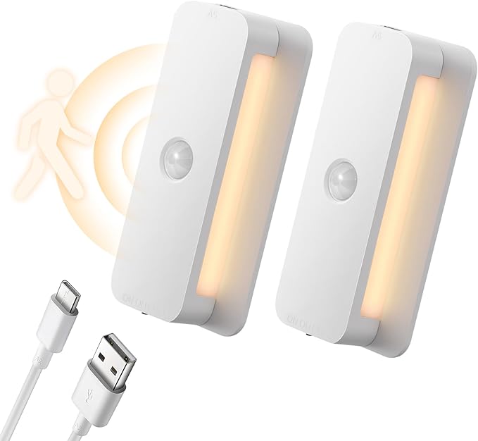 Rechargeable Motion Sensor Night Light 2-Pack,Stair Lights Indoor,Wireless Stick on Anywhere Hallway Lamp/Closet for Bathroom, Bedroom, Kitchen, Cabinet, Stairs, Hallway