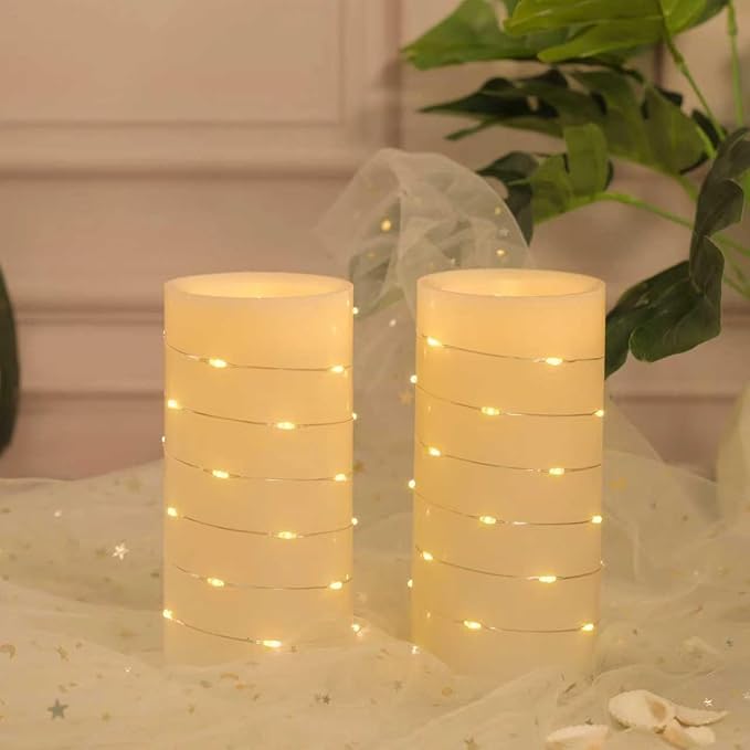 BeMoment Flickering Flameless Candles Ivory Real Wax Pillar with Embedded String Lights LED Candles Battery Operated Candle with Timer and Remote, for Bedroom, Wedding, Home Decor Set of 2 (3" x 6")